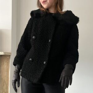 1950s 1940s Saks Fifth Avenue Black Curly Lamb Fur Jacket